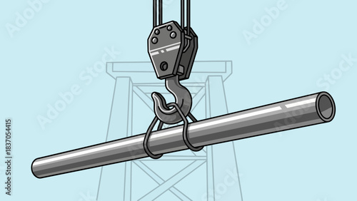 Crane hook lifts a metal pipe construction structure in background
