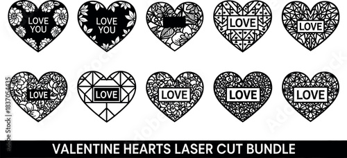 Collection of ten decorative heart shapes for laser cutting