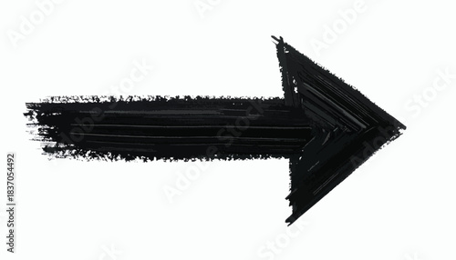 Rough-edged, black, painted arrow on a white background