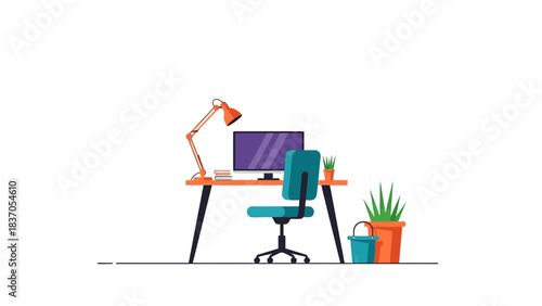 Desk with computer lamp chair books and plants