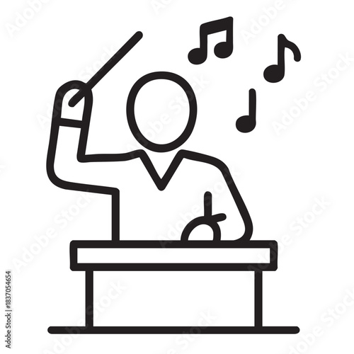 Conductor leading orchestra with baton, overseeing performance with notes