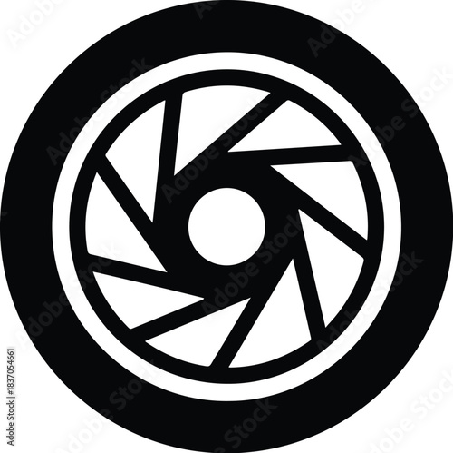 Black camera lens aperture symbol with white center