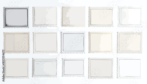 Grid of fifteen blank, decorative postage stamp illustrations