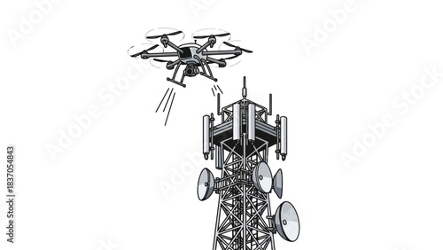 Drone approaches cell tower with antennas and dishes