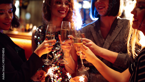 Happy women in stylish outfits are having fun in cozy room, clinking glasses and lighting sparklers. Four girlfriends are enjoying holiday with glasses and sparklers. The concept is cozy and fun.