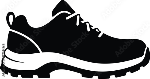 Black silhouette of a hiking shoe on white background Keywords: shoe, sneaker, boot, hiking