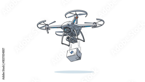 Drone delivering a medical box with a blue cross