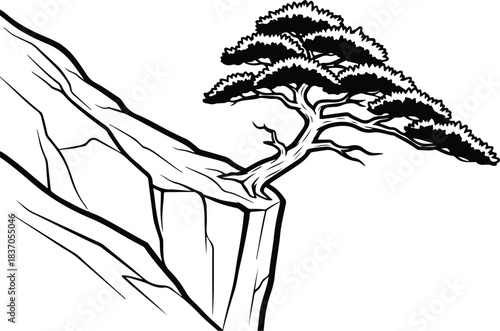 Black Silhouette of a Tree Growing on a Cliff Edge on White Background