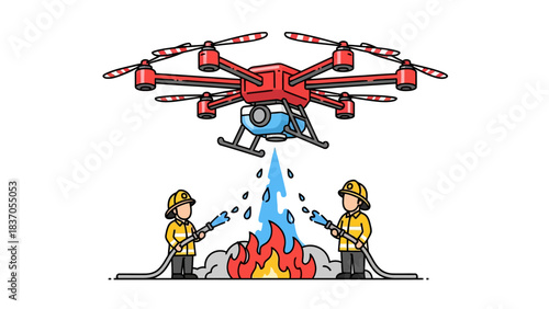 Drone douses fire firefighters spray water