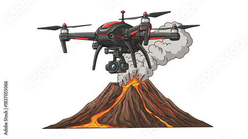 Drone filming an erupting volcano with lava and smoke