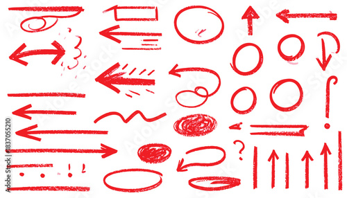 Red sketched arrows, circles, lines, and marks on white