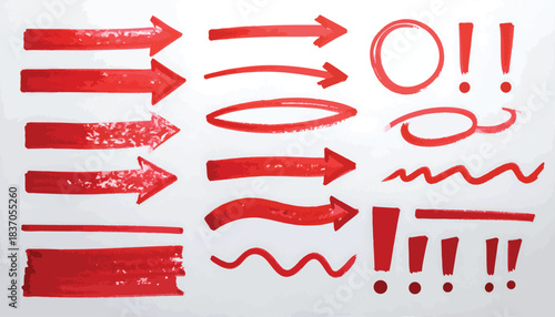 Red textured arrows, lines, circles and exclamation points