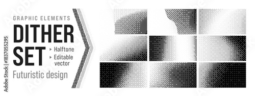 Dither gradient bitmap with set bg pattern and background game pixel bit. Computer dithering dot with duotone fade noise and abstract interface black vintage. 2D play texture with halftone speckle