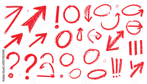 Red hand-drawn arrows, circles, marks, & questions on white