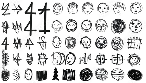 Collection of hand-drawn sketches of faces, shapes, and symbols
