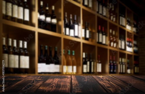 Dark Wood Table Top with Blurred Wine Bottle Shelves Background