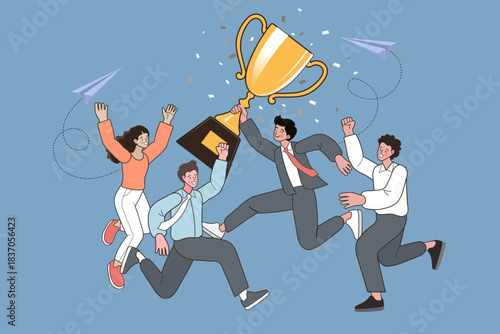 Happy business team running together holding big gold champion trophy cup. Concept of teamwork success, winning award, corporate achievement, partnership goal celebration, and victory.