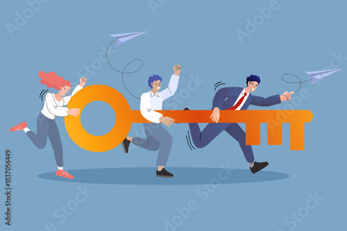 Energetic business team running forward together while carrying a giant golden key. A concept of unlocking new opportunities, finding a collaborative solution, and corporate teamwork success.