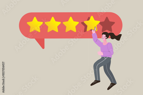 Woman reaching to click fifth gold star in red speech bubble. Concept of customer satisfaction review, giving five star feedback, top quality service excellence, and user experience ranking vote.