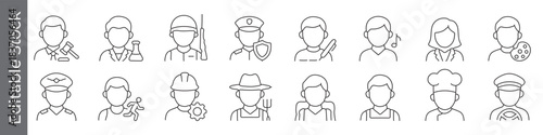 Professional avatar, army, agent, criminal, military and job role line icon set – editable outline symbols of business, science, artist, law, music, chef and agriculture