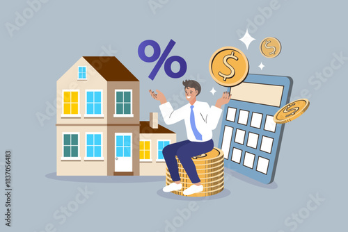 Man sitting on gold coin stack with house model and calculator throwing percent sign. Concept of real estate mortgage loan, property tax interest rate, home investment budget, and housing finance.