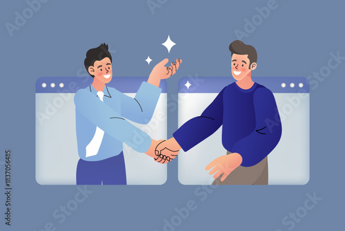 Two happy businessmen shaking hands through laptop screens. Concept of online business partnership deal, virtual agreement, remote team collaboration, and digital connection success.