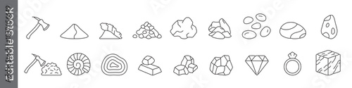 Mining, geology and gemstone line icon set – editable outline symbols of pickaxe, gold, ore, crystal, diamond and ring