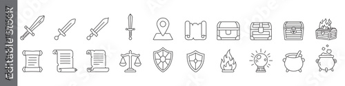 Fantasy, treasure and adventure line icon set – editable outline symbols of sword, scroll, map, chest, shield, fire and cauldron
