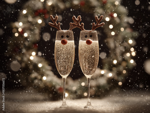 Champagne Glasses With Glowing Reindeer-Nose Effect and Christmas Wreath