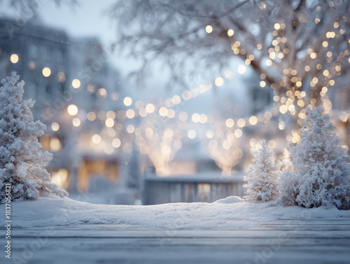 Magical Snowy Outdoor Scene – Soft Snow Foreground and Christmas Lights