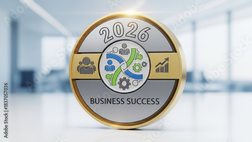 Circular emblem with 2026 BUSINESS SUCCESS text featuring icons for teamwork and growth symbolizing future corporate achievement on a blurred office background