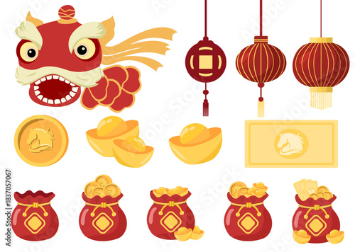 Chinese new year icons with gold ingots and lion dance head. Perfect for festive designs, greeting cards, event promotions, and cultural celebrations.