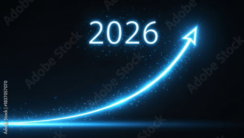 Year 2026 glowing neon arrow pointing upwards representing growth and future success on a dark background with bokeh