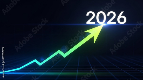 Year 2026 projected growth chart with upward trending arrow symbolizing financial success and future planning on a dark grid background