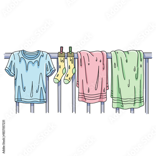 Clothes hanging on a drying rack in colorful pastel shades  