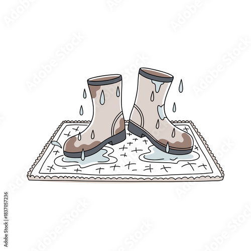 Wet rubber boots leaving puddles on a patterned welcome mat  