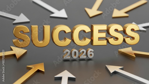 Golden SUCCESS text with 2026 below surrounded by gold and silver arrows pointing inwards symbolizing achievement and future goals