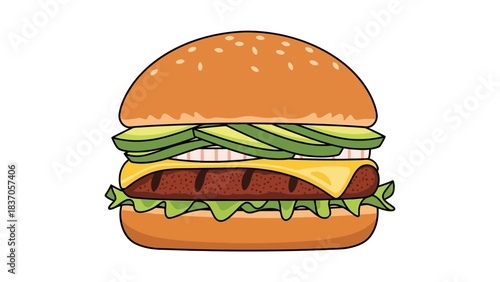A cartoon illustration of a fully loaded hamburger with avocado cheese and lettuce