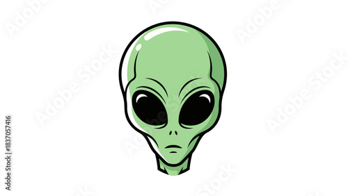 A cartoon illustration of a green alien head with large black eyes