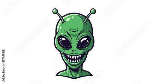 A cartoon illustration of a green alien with large black eyes