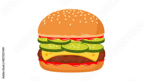 A cartoon illustration of a hamburger with layers of sesame seed bun ketchup pickles cheese and patty