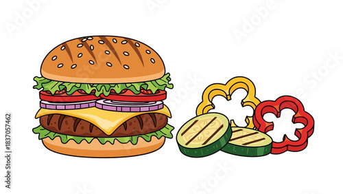 A cartoon illustration of a hamburger with grilled zucchini slices and bell pepper rings