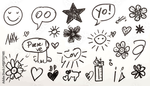 Doodles of simple line drawings and text on white background