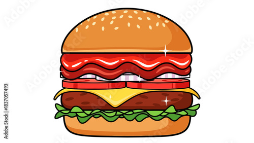 A cartoon illustration of a layered hamburger on a white background