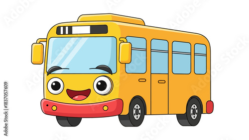 A cartoon yellow bus with a smiling face