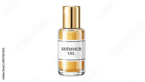 A clear glass bottle of shimmer oil with a gold cap and white label
