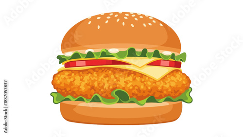 A chicken sandwich with lettuce tomato and cheese on a sesame seed bun