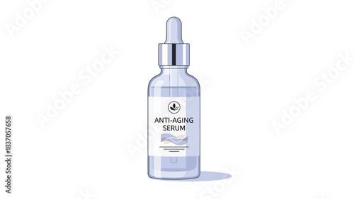 A clear glass dropper bottle with an antiaging serum label