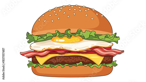 A closeup illustration of a breakfast burger with fried egg and bacon