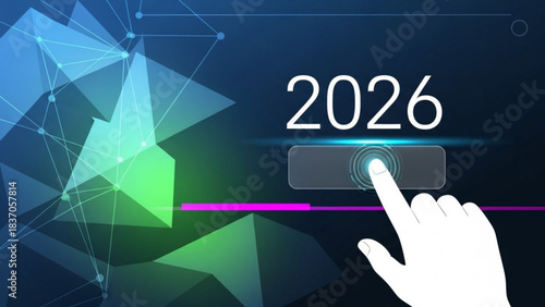 2026: A digital hand appears to navigate into the future, and points to the new year 2026, creating anticipation for new possibilities. 